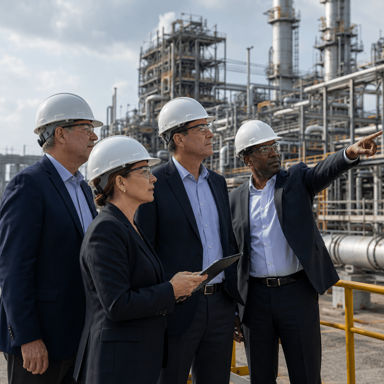 Senior executives in business attire and white hard hats stand in front of an industrial facility, holding plans and a tablet to represent HSEQ oversight and strategic visibility