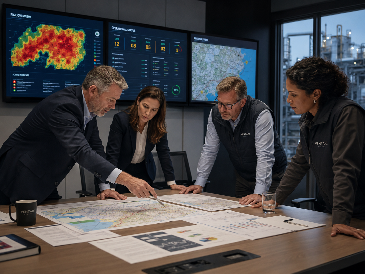 Ventari Global crisis and critical risk advisory team reviewing plans