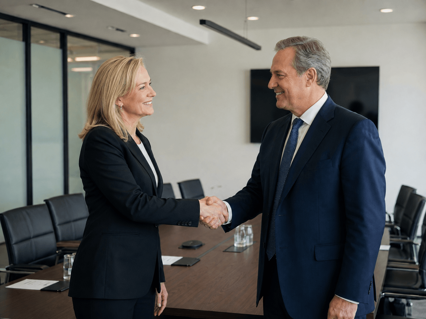 Business leaders shaking hands in a boardroom setting