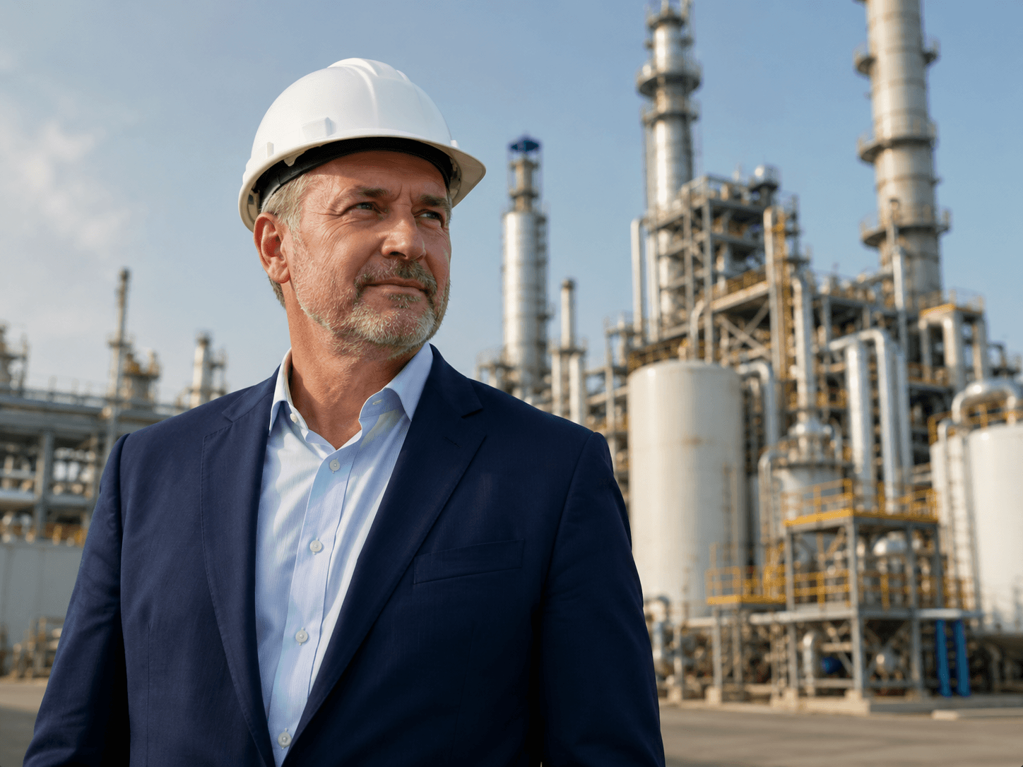 Executive in a hard hat overlooking industrial operations at dusk