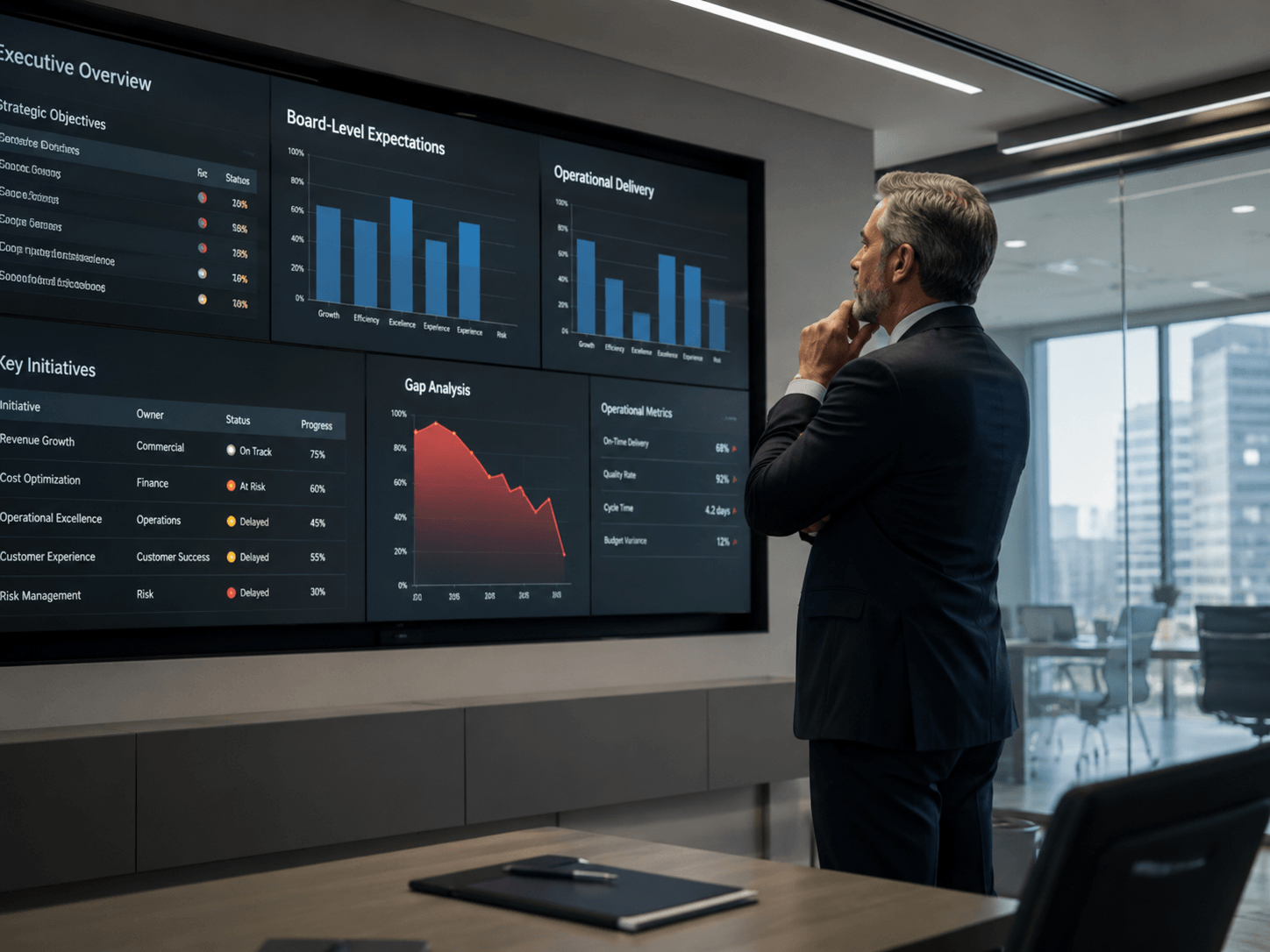 Executive reviewing operational data dashboards