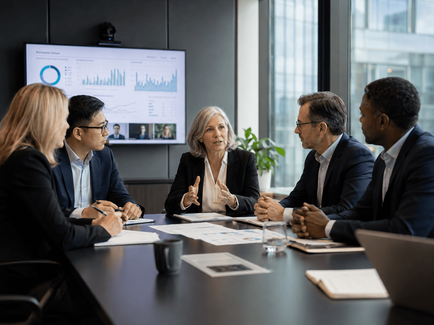 Executive boardroom meeting with global map display