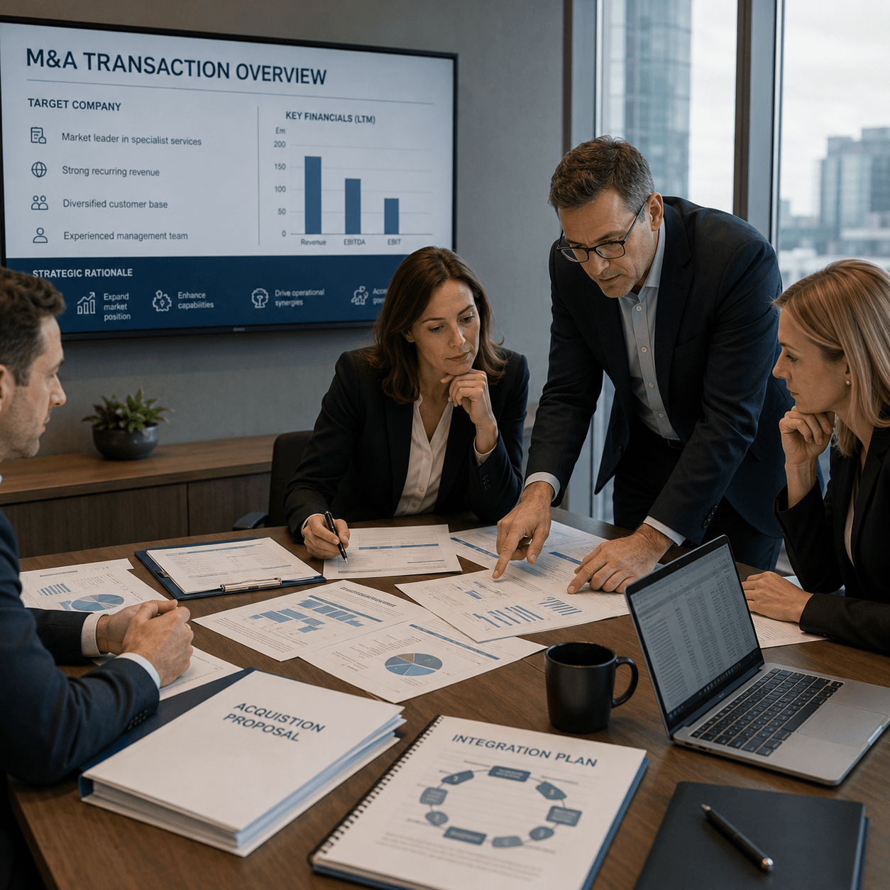 Executives reviewing operational diligence, transaction risk, control maturity, and post-acquisition integration readiness in a boardroom setting