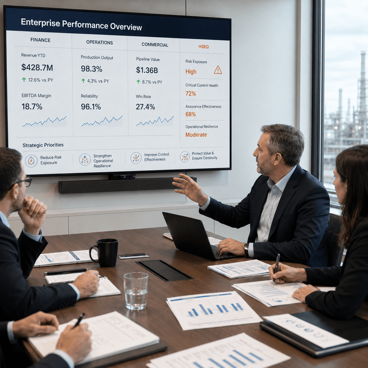 Executives reviewing enterprise performance, HSEQ risk exposure, and control effectiveness on a boardroom presentation screen