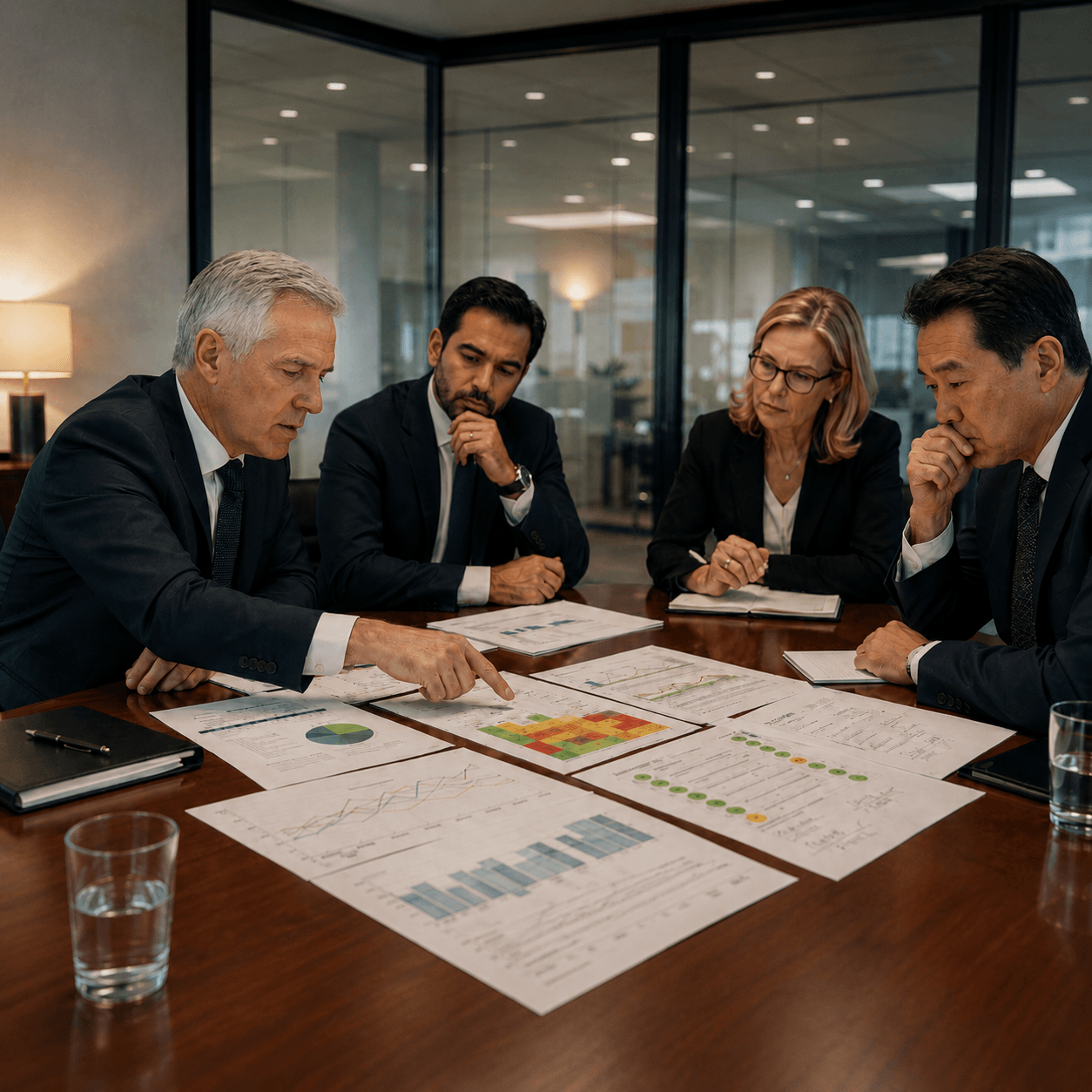 Executives reviewing safety reporting, critical risk exposure, and operational control indicators in a boardroom