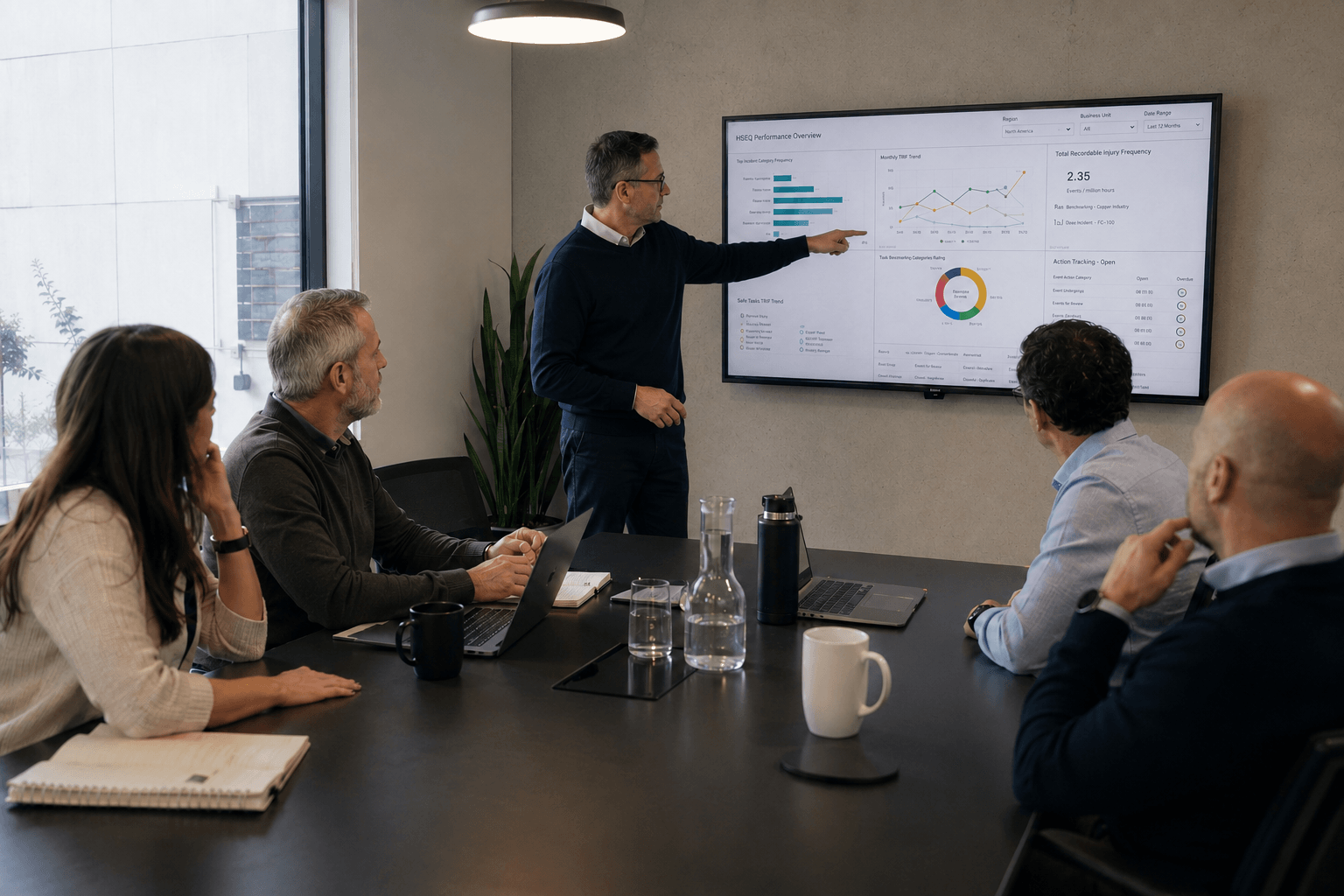 Executive leadership team reviewing critical-control health, operational risk, and assurance information in a boardroom.