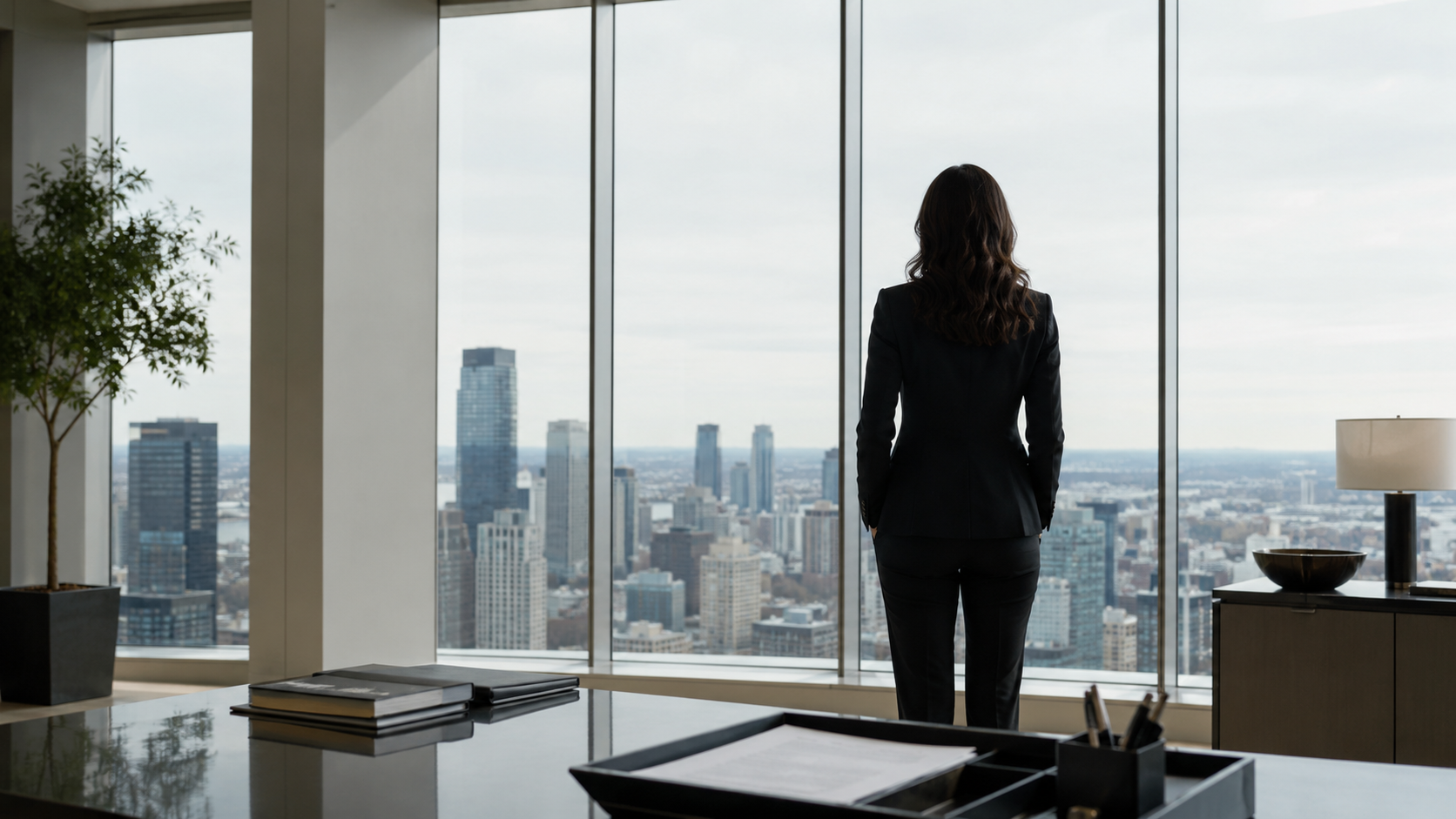 Senior professional overlooking a city from an executive office