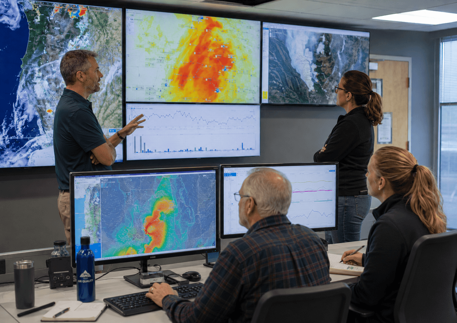 Operational leaders reviewing wildfire smoke conditions, air quality information, worker controls, and emergency response actions.
