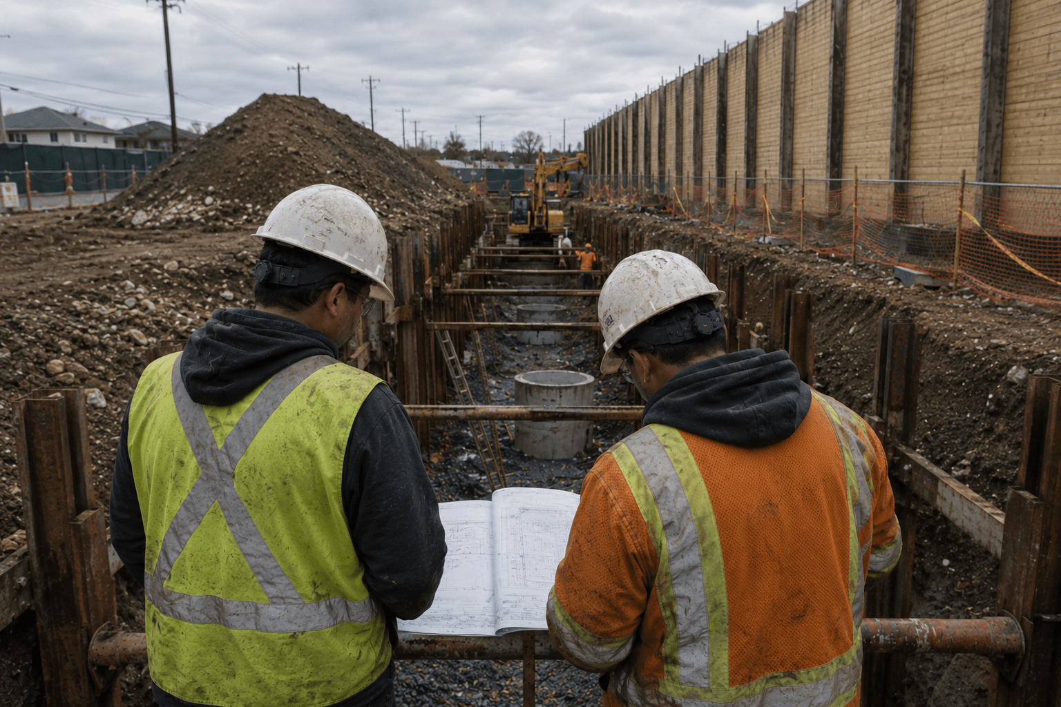 Construction workers reviewing conditions on an active project site.