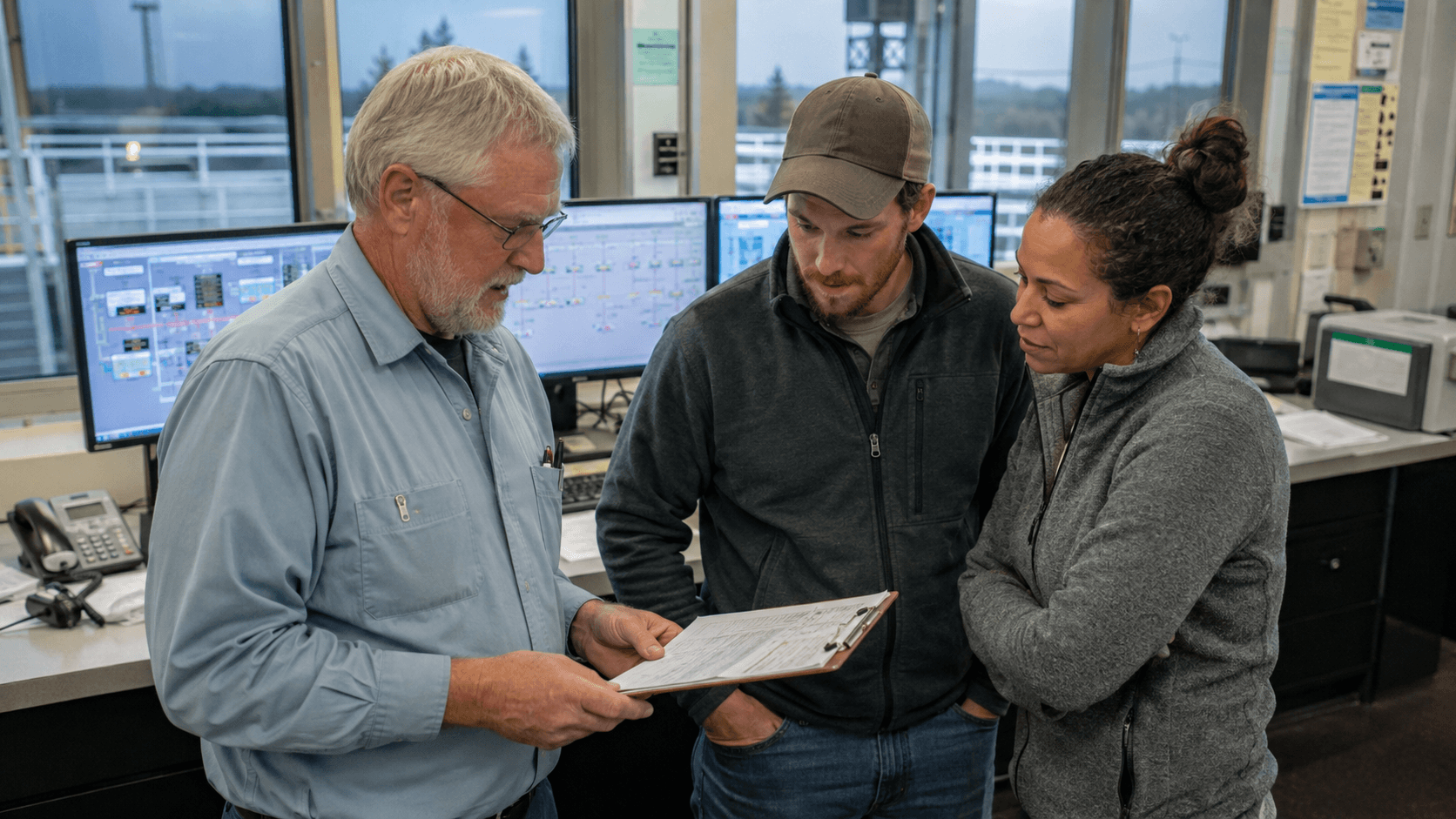 Water treatment plant personnel reviewing operational records together inside a control room.