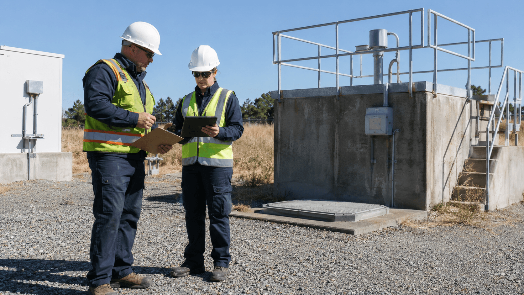 Two operations personnel reviewing site information beside industrial infrastructure.