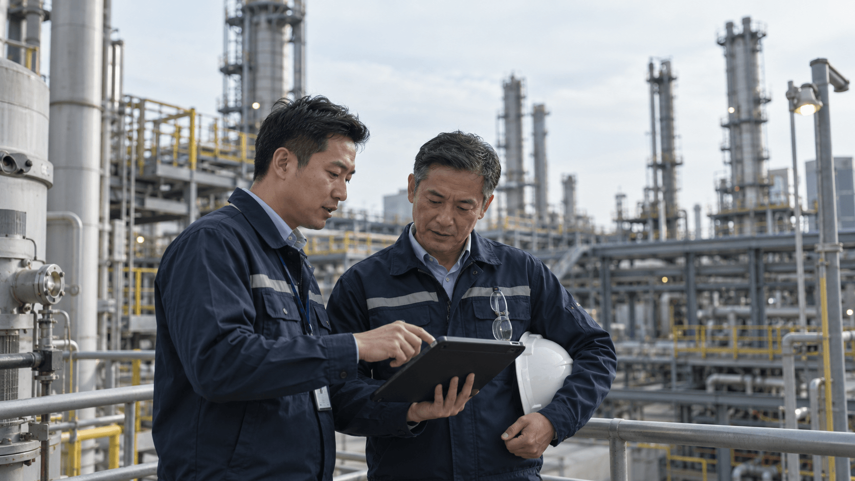 Two industrial professionals reviewing digital information at a complex operating facility